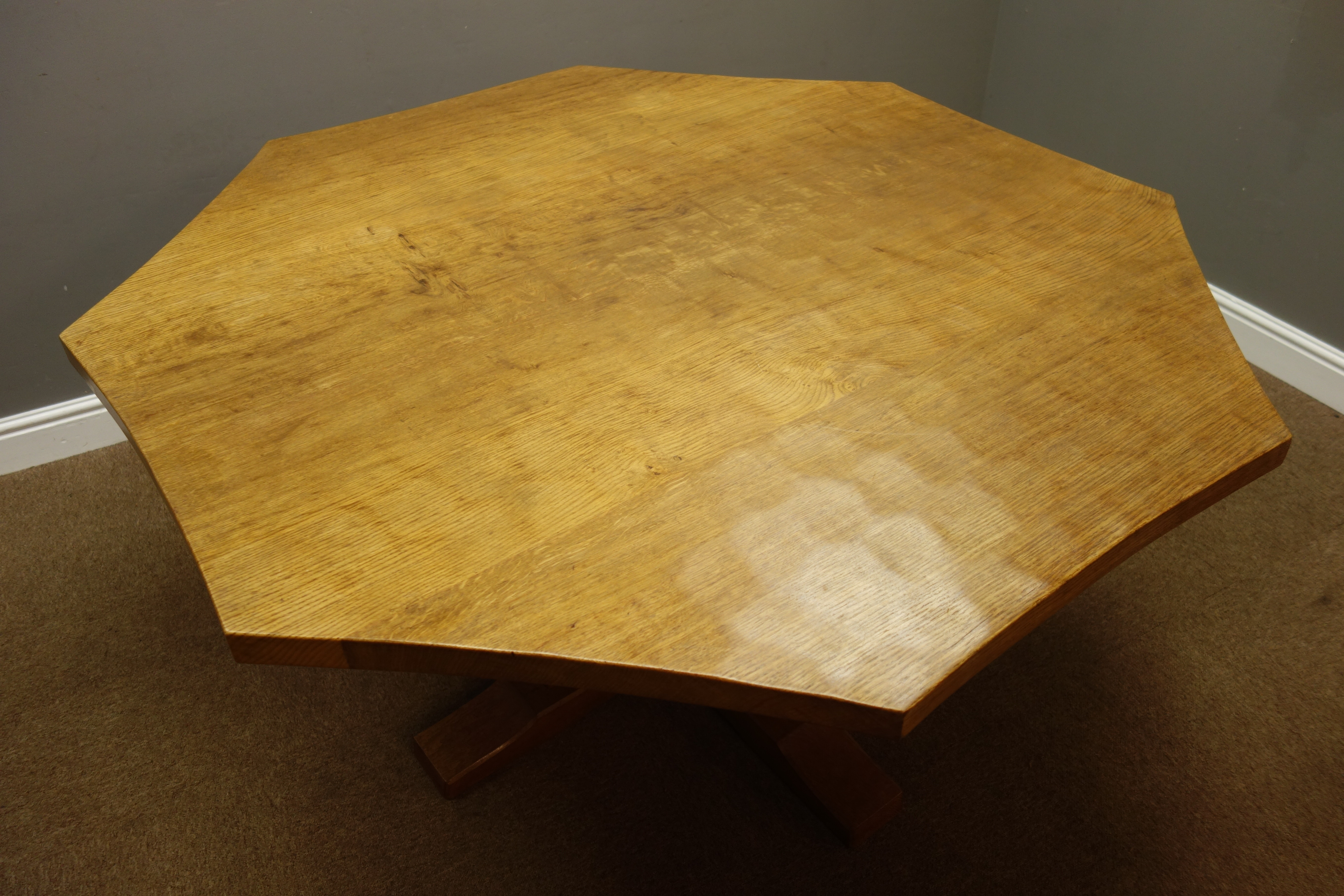 'Mouseman' adzed oak octagonal top dining table, on cruciform base, by Robert Thompson of Kilburn, - Image 2 of 3