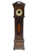 Edwardian aneroid barometer in inlaid mahogany miniature longcase clock case, with arched pediment,