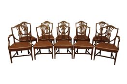 Set ten (8+2) early 20th century Hepplewhite style mahogany dining chairs with shield shaped