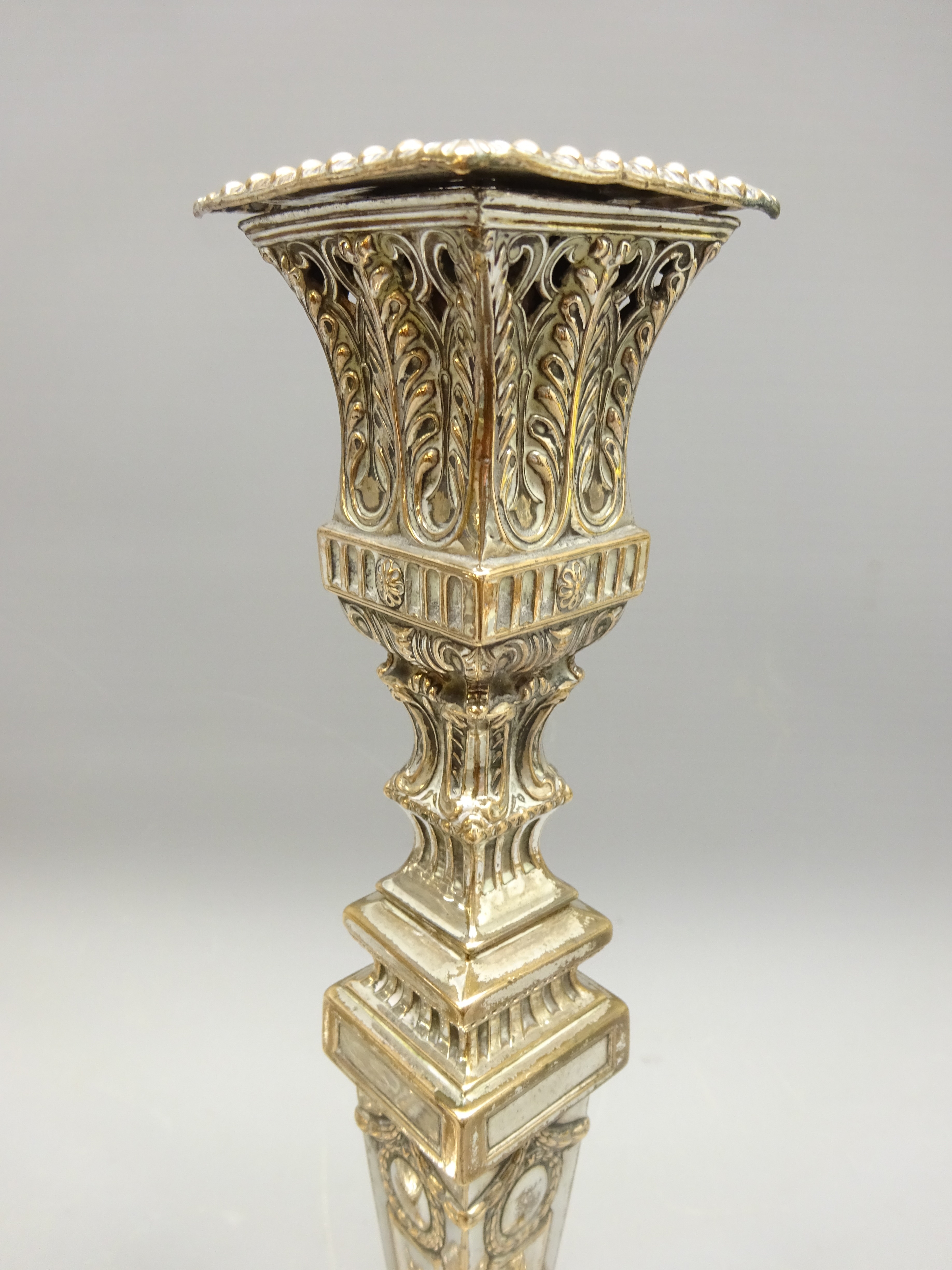 Pair Victorian Sheffield plate candlesticks with pierced scroll work, - Image 2 of 2