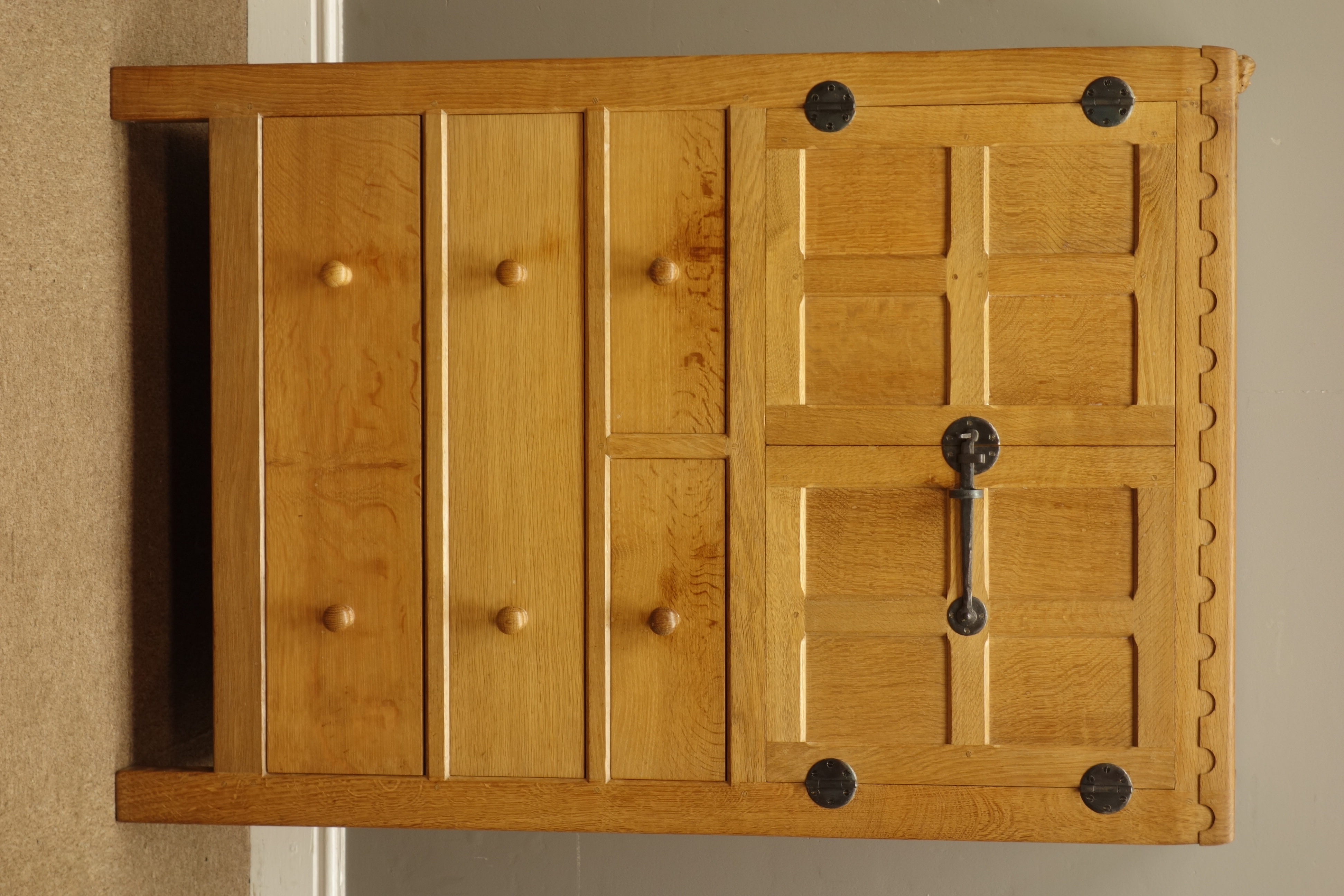 'Mouseman' panelled oak tallboy, cupboard above two short and two long drawers, - Image 5 of 6