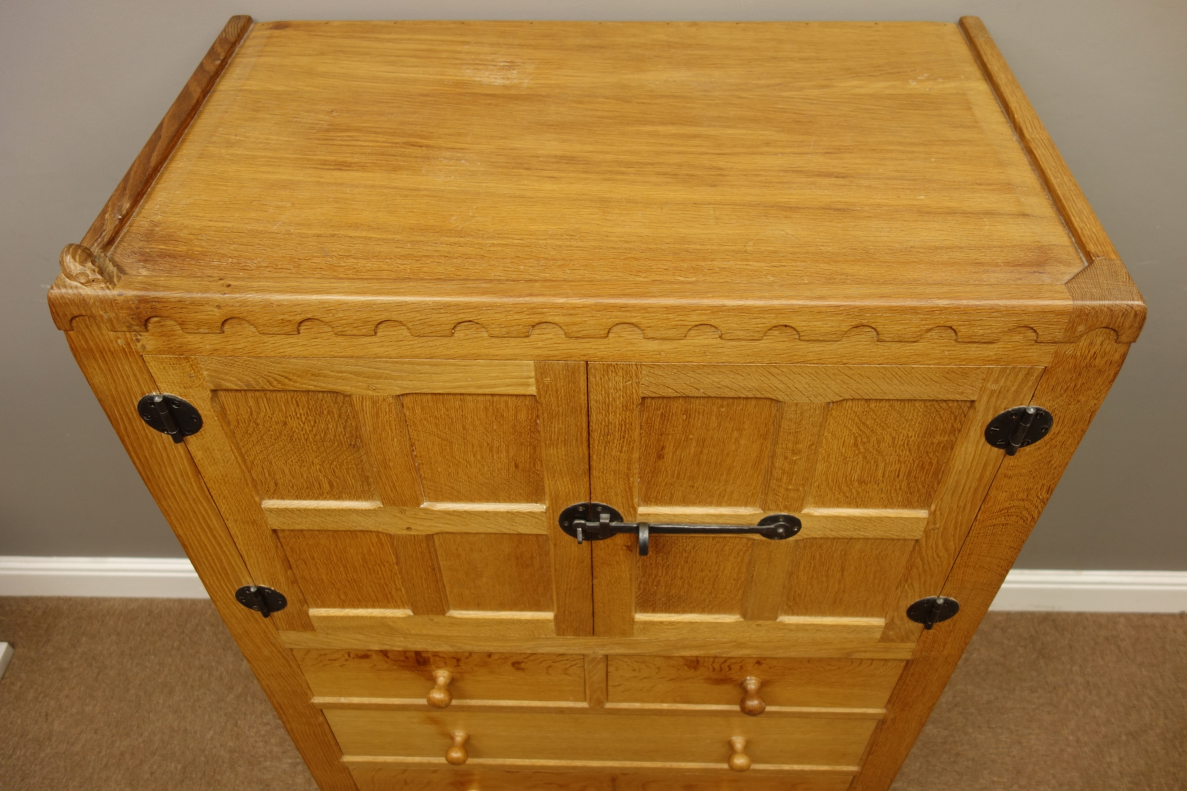 'Mouseman' panelled oak tallboy, cupboard above two short and two long drawers, - Image 3 of 6