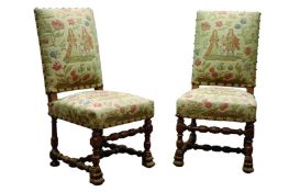 Pair Victorian walnut framed hall chairs, with brass nailed upholstered needlework back and seats,