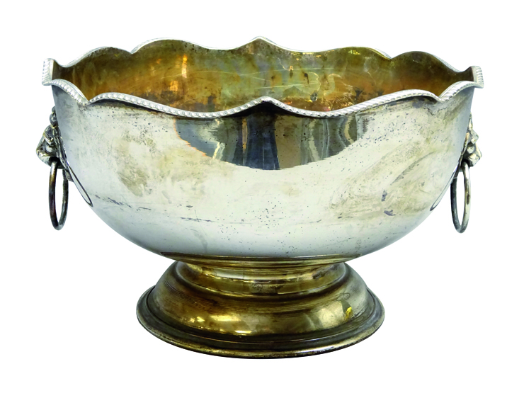 Silver-plated footed punch bowl with lion mask loop handles and shaped top,