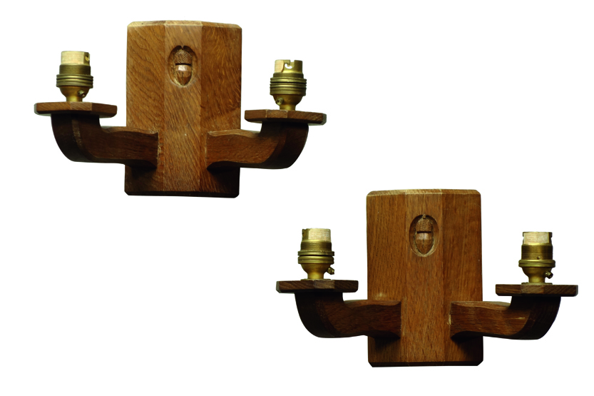 'Acornman' pair oak two branch wall sconces, by Alan Grainger of Brandsby,