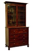 Regency mahogany secretaire bookcase, quarter bobbin turned cornice above astragal glazed doors,