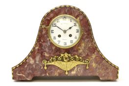 Victorian varigated Rouge marble domed mantel clock, white Arabic dial inscribed Ducas Bordeaux,