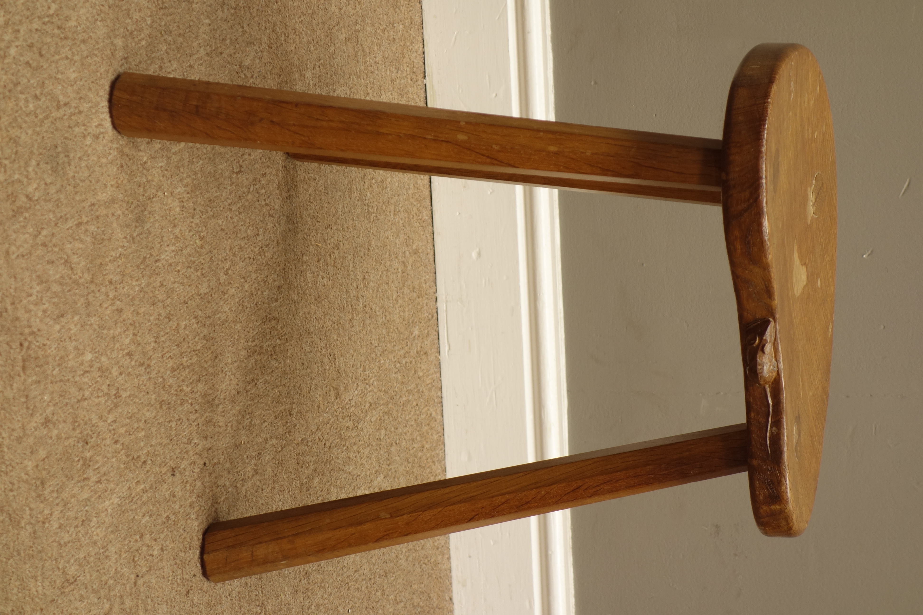 'Mouseman' oak three legged stool, dished adzed seat, by Robert Thompson of Kilburn, - Image 2 of 4