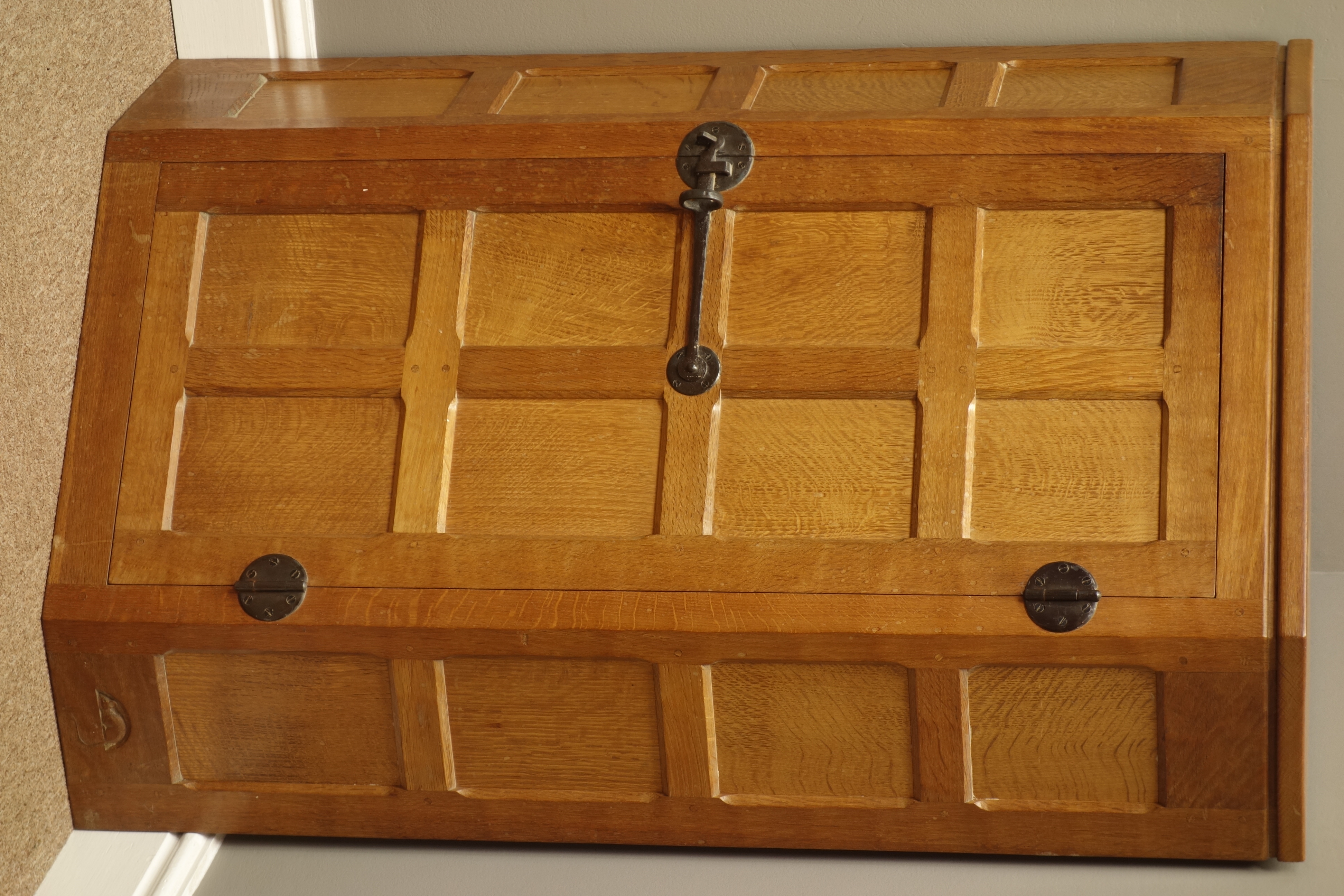 'Mouseman' panelled oak corner cupboard, single door with wrought metal fittings, - Image 2 of 6