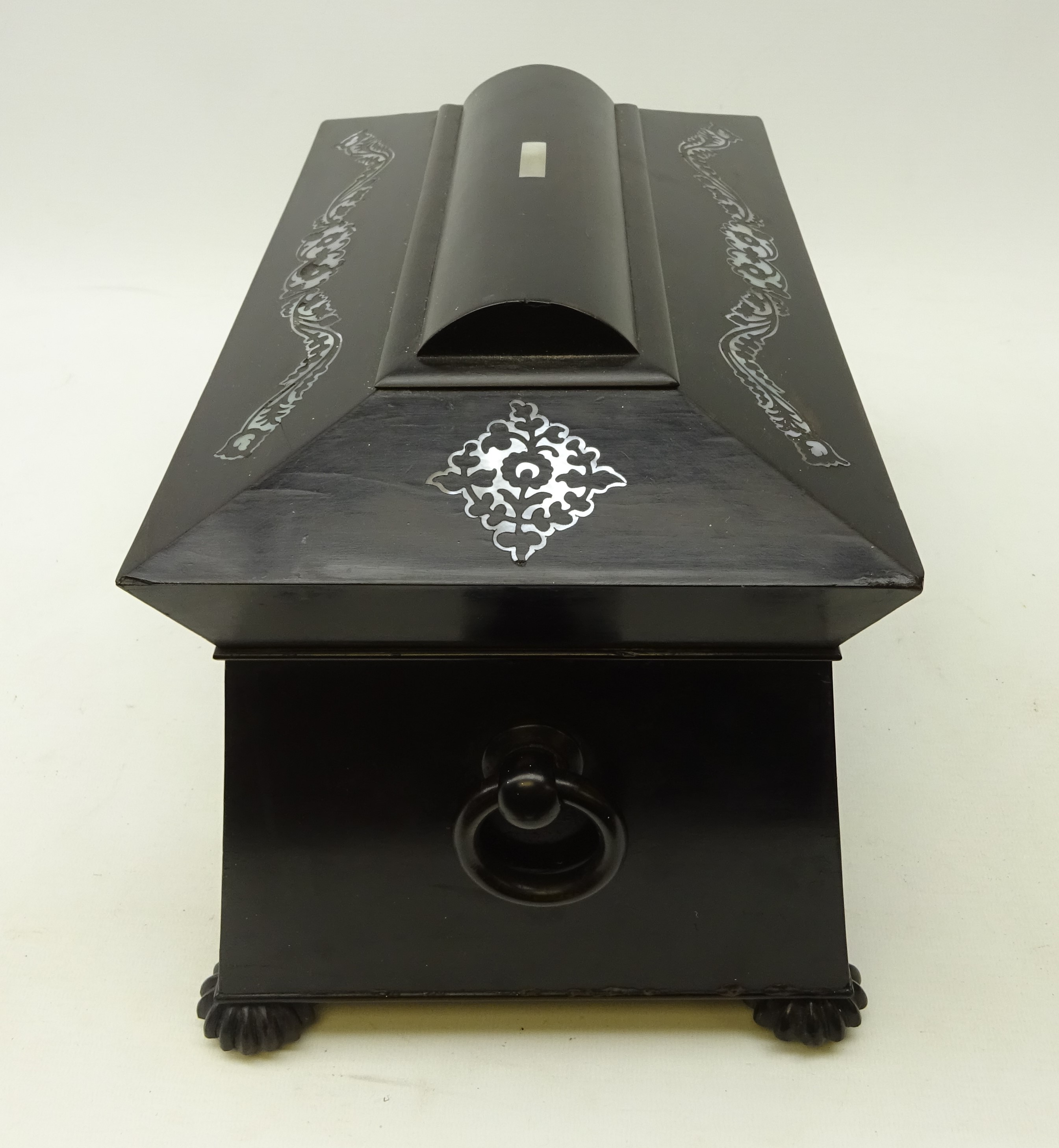 Victorian ebony veneer tea caddy of sarcophagus form, with mother-of-pearl inlay, - Image 4 of 4