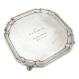 Edwardian silver salver on ball and claw feet by Pairpoint Brothers London 1906, D25cm,