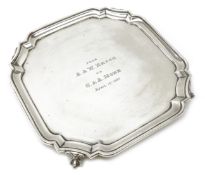 Edwardian silver salver on ball and claw feet by Pairpoint Brothers London 1906, D25cm,