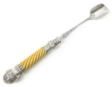 Victorian silver Stilton scoop with rope twist ivory handle and silver finial, by Harrison Brothers,