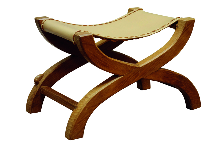 'Rabbitman' curved x-framed stool with slung leather seats,