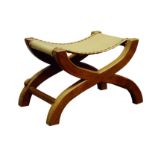 'Rabbitman' curved x-framed stool with slung leather seats,