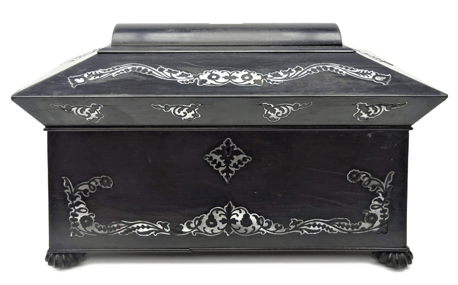 Victorian ebony veneer tea caddy of sarcophagus form, with mother-of-pearl inlay,