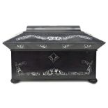 Victorian ebony veneer tea caddy of sarcophagus form, with mother-of-pearl inlay,