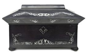 Victorian ebony veneer tea caddy of sarcophagus form, with mother-of-pearl inlay,