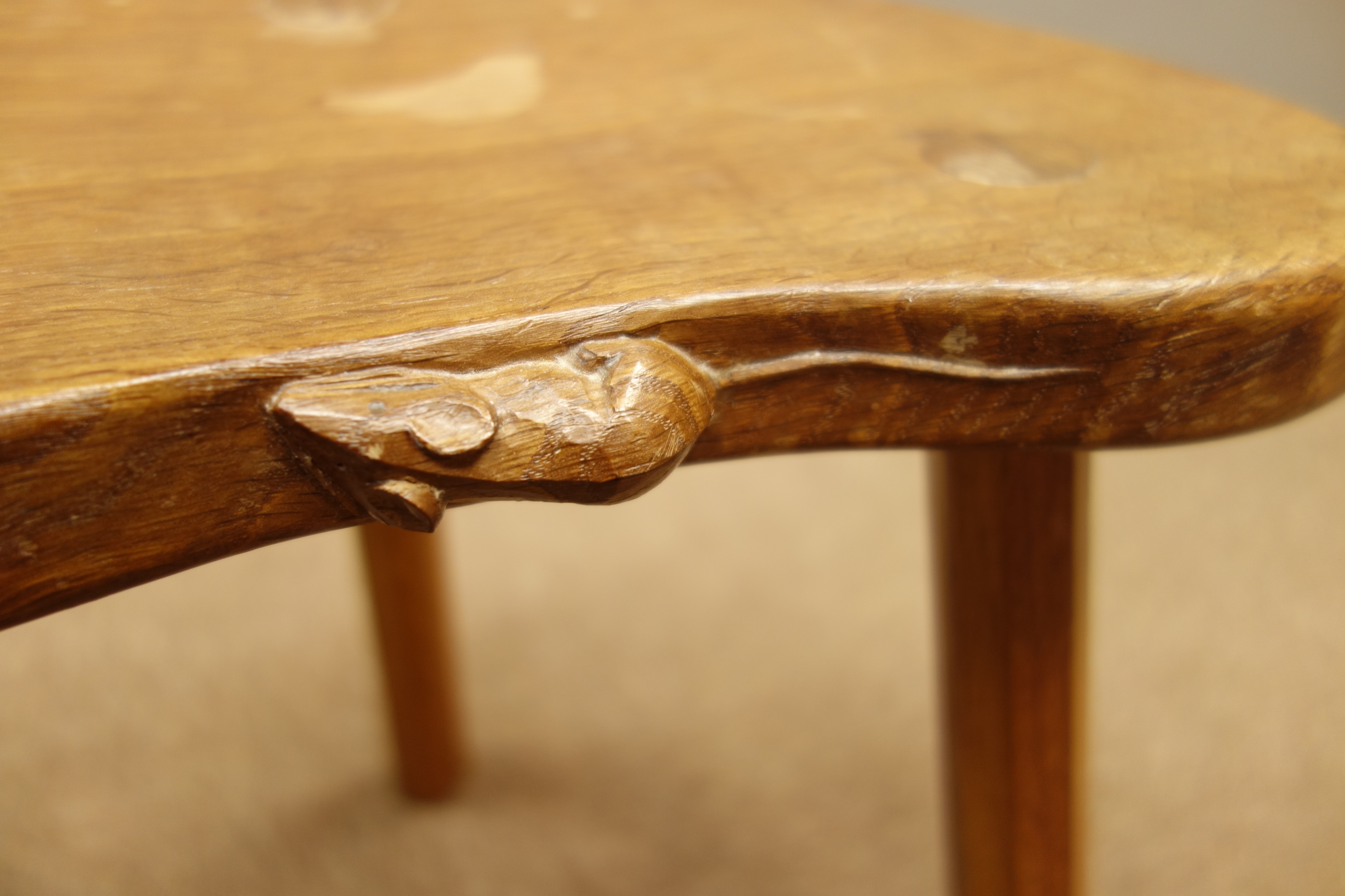 'Mouseman' oak three legged stool, dished adzed seat, by Robert Thompson of Kilburn, - Image 4 of 4