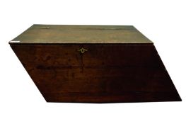 19th century oak coach box, hinged top and sloping slides,