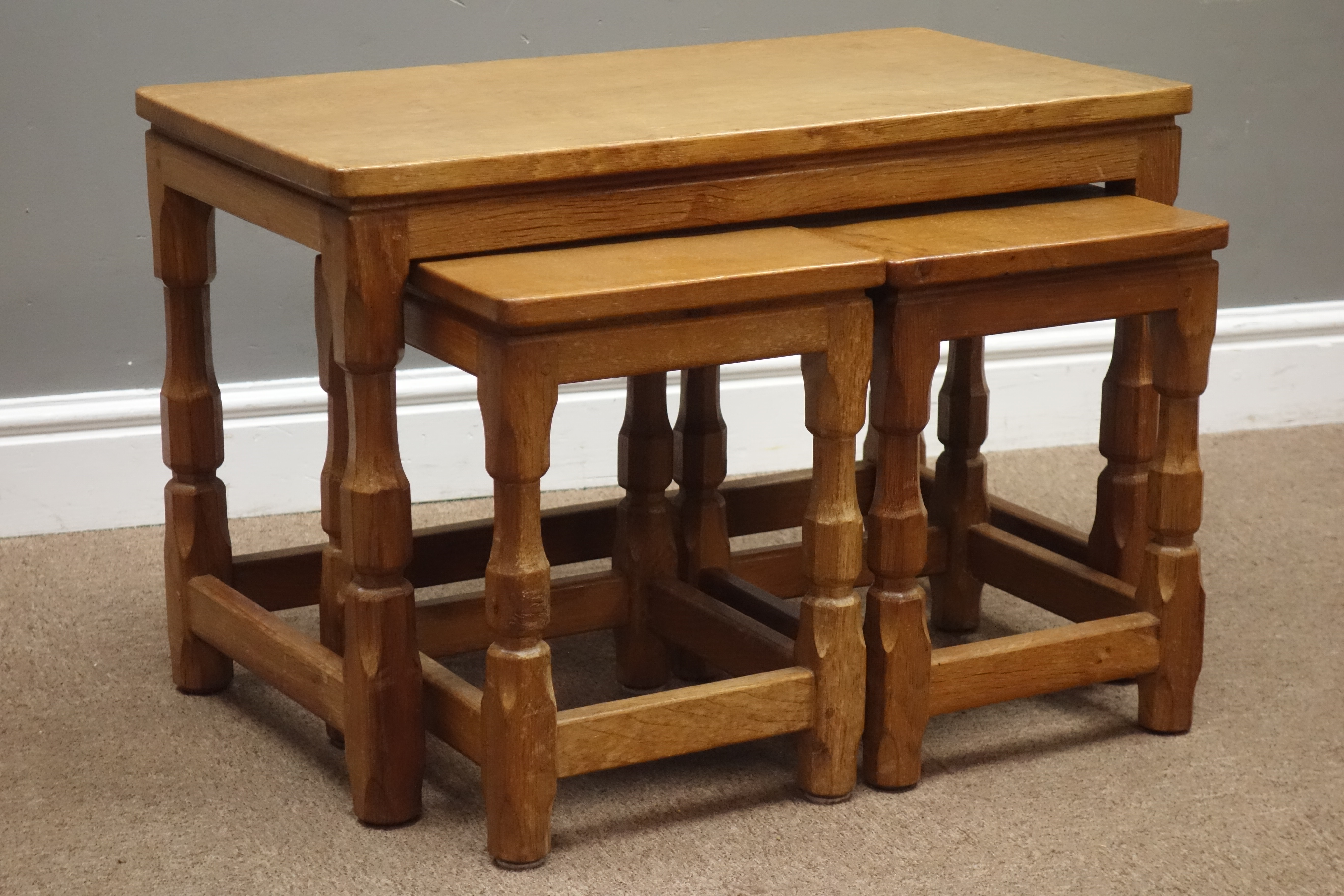 Yorkshire oak - nest of three tables with adzed tops by Sid Pollard of Bagby, 68cm x 37cm, - Image 2 of 3