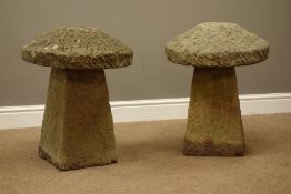 Pair composite stone staddle stones, circular domed tops on square tapered columns, D47cm,