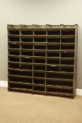 Early 20th century vintage metal shelving pigeon hole storage racks, W134cm, D29cm,