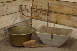 19th century wooden garden trough with wrought metal handle, vintage stove boiling pot,
