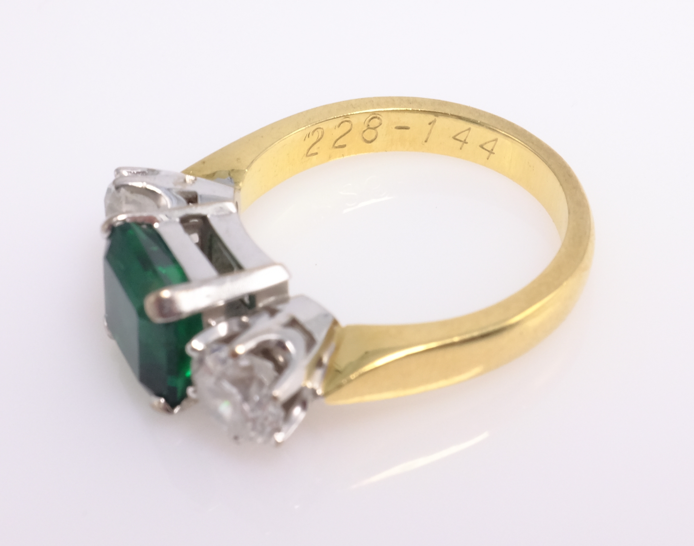 Emerald and diamond three stone gold ring, hallmarked 18ct emerald approx 2 carat, each diamond 0. - Image 3 of 4