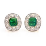 Pair of 18ct gold bright green emerald and diamond rub-over cluster ear-rings,