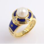 Victor Mayer for Faberge diamond, pearl and blue enamel 18ct gold ring,