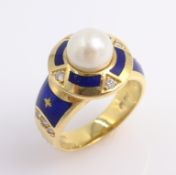 Victor Mayer for Faberge diamond, pearl and blue enamel 18ct gold ring,