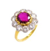 Ruby and diamond cluster gold ring, hallmarked 18ct, ruby 2.36 carat diamonds 2.