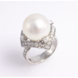 South Sea pearl and diamond platinum cluster ring,
