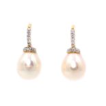 Pair of pearl and diamond white gold drop ear-rings, diamonds approx 0.
