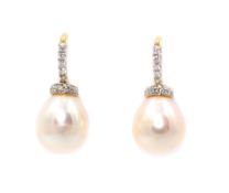 Pair of pearl and diamond white gold drop ear-rings, diamonds approx 0.