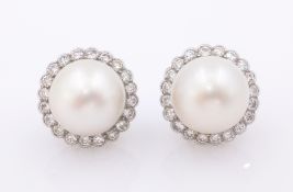 Pair of 18ct white gold South Sea pearl and diamond cluster stud ear-rings,