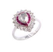 18ct white gold diamond and ruby cluster ring, pear shaped diamond approx 0.