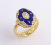 Victor Mayer for Faberge diamond and blue enamel oval gold ring,