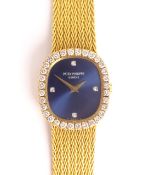 Ladies Patek Philippe Ellipse 18ct gold diamond wristwatch, diamond set quarters and bezel,