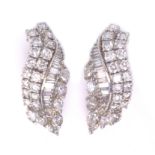 Pair of wave shaped diamond 18ct white gold ear-rings, baguette and marquise diamonds,