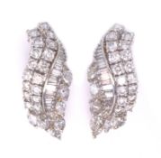 Pair of wave shaped diamond 18ct white gold ear-rings, baguette and marquise diamonds,