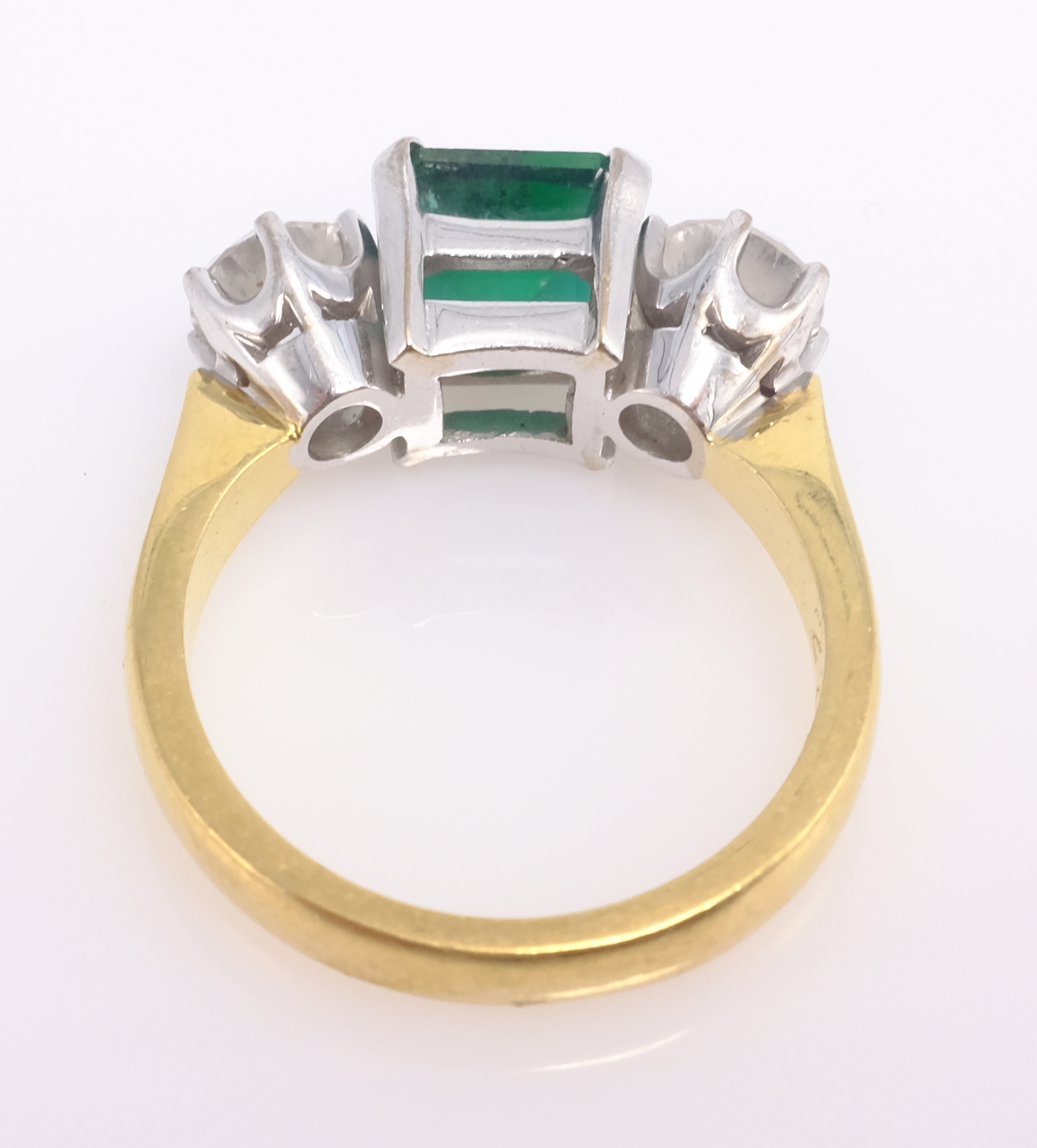 Emerald and diamond three stone gold ring, hallmarked 18ct emerald approx 2 carat, each diamond 0. - Image 4 of 4