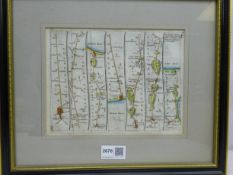 The Road from London to Flamborough in Yorkshire, 18th century hand coloured strip map,