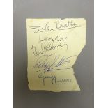 The Beatles: a piece of lined paper titled Beatles and signed by all four Beatles,