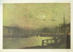 'Whitby Harbour by Moonlight' colour reproduction after J. Atkinson Grimshaw, 63cm x 84cm, unframed.