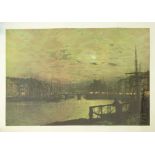 'Whitby Harbour by Moonlight' colour reproduction after J. Atkinson Grimshaw, 63cm x 84cm, unframed.