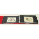 Collection of postcards and stamp covers in 'Arch Cover Album' including; silk postcards,