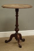 Victorian walnut wine table, circular dished top, on turned column with three scrolled splayed legs,