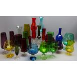 Group of coloured glass drinking glasses, vases,